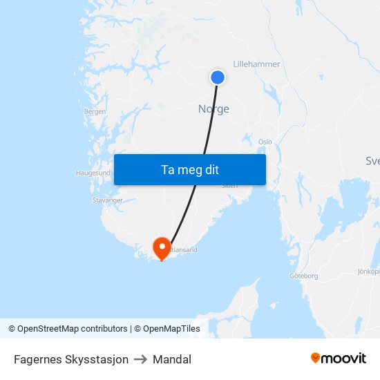 Fagernes Skysstasjon to Mandal map