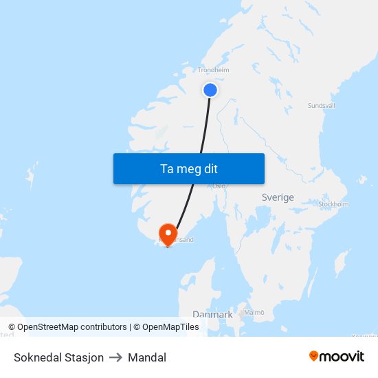 Soknedal Stasjon to Mandal map