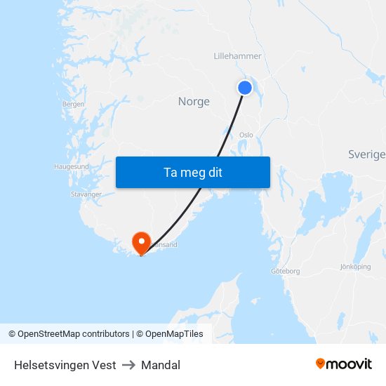 Helsetsvingen Vest to Mandal map