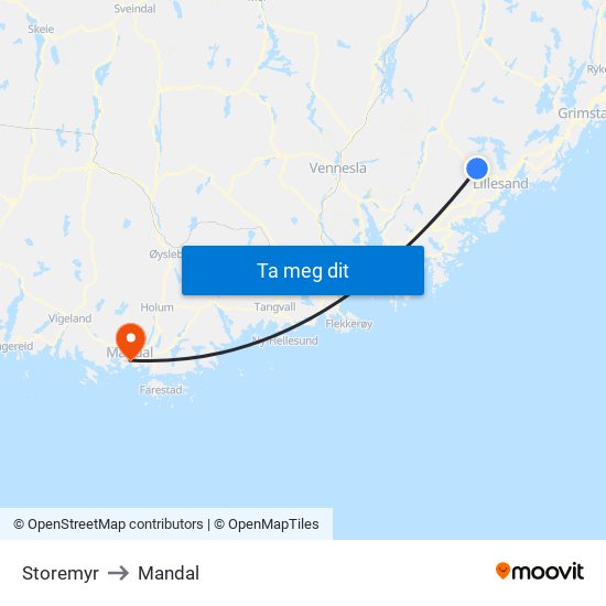 Storemyr to Mandal map