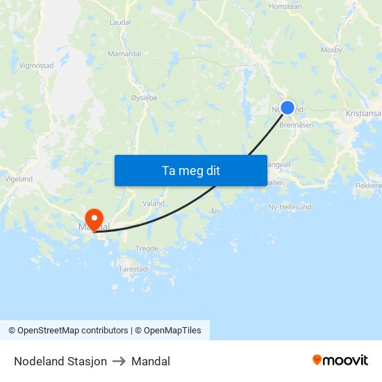 Nodeland Stasjon to Mandal map