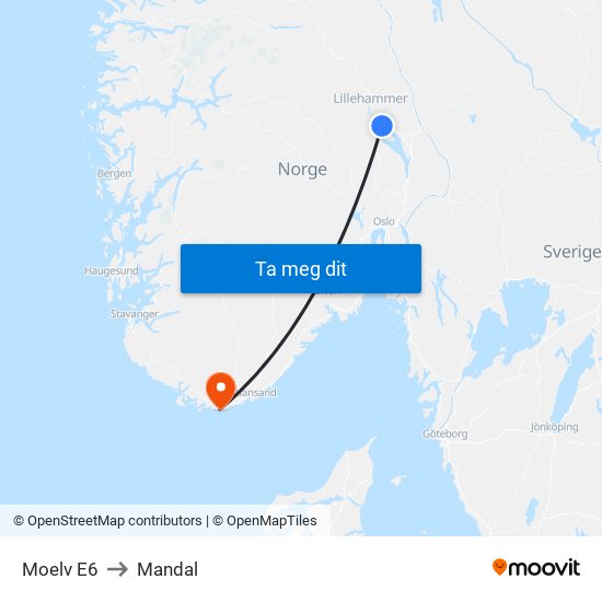 Moelv E6 to Mandal map
