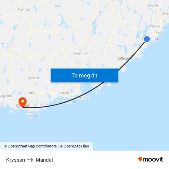 Kryssen to Mandal map