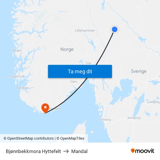 Bjønnbekkmora Hyttefelt to Mandal map
