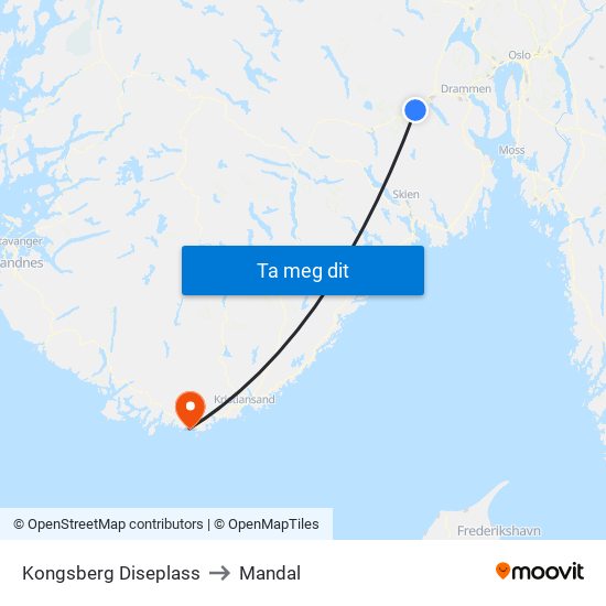Kongsberg Diseplass to Mandal map