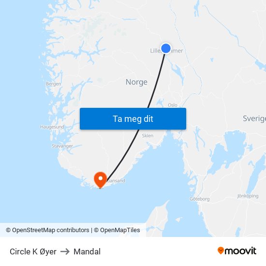 Circle K Øyer to Mandal map