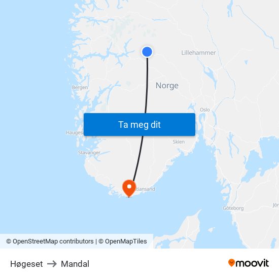 Høgeset to Mandal map