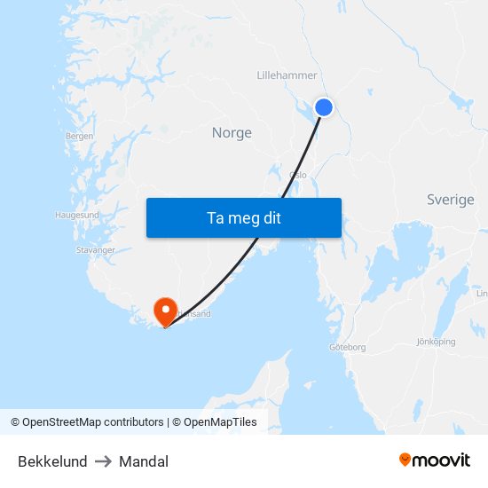 Bekkelund to Mandal map