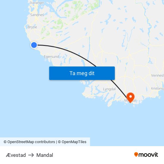 Ævestad to Mandal map