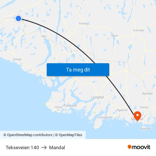 Tekseveien 140 to Mandal map