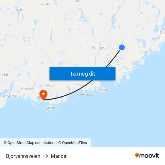 Bjorvannsveien to Mandal map