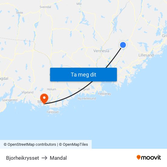 Bjorheikrysset to Mandal map