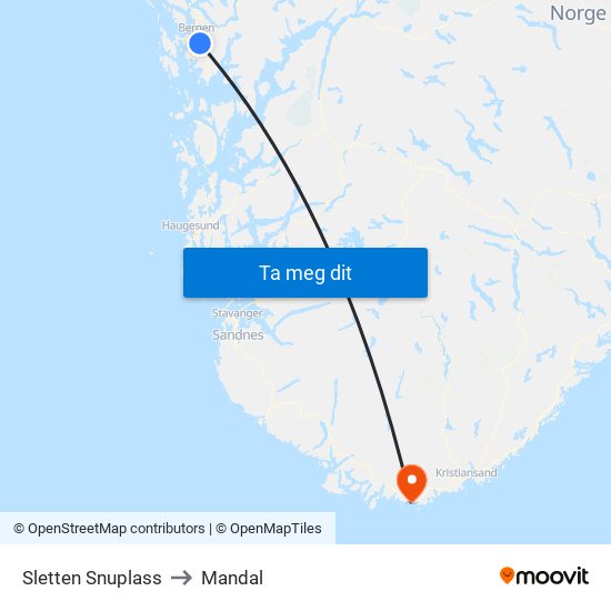 Sletten Snuplass to Mandal map