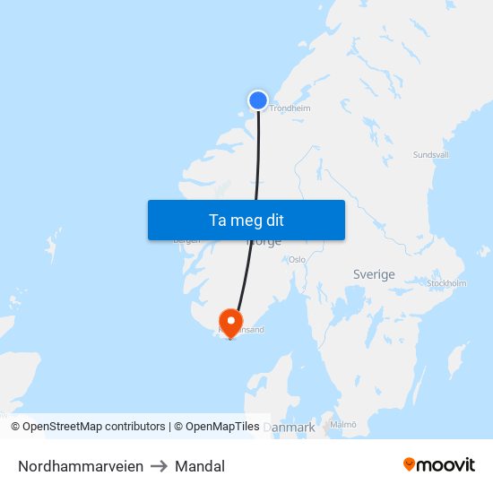 Nordhammarveien to Mandal map