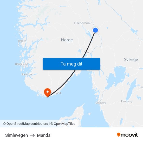 Simlevegen to Mandal map