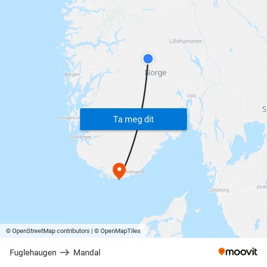 Fuglehaugen to Mandal map