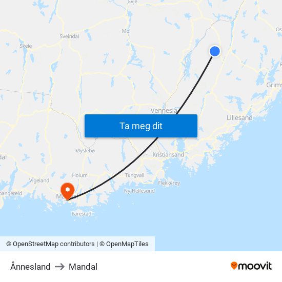 Ånnesland to Mandal map