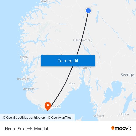 Nedre Erlia to Mandal map