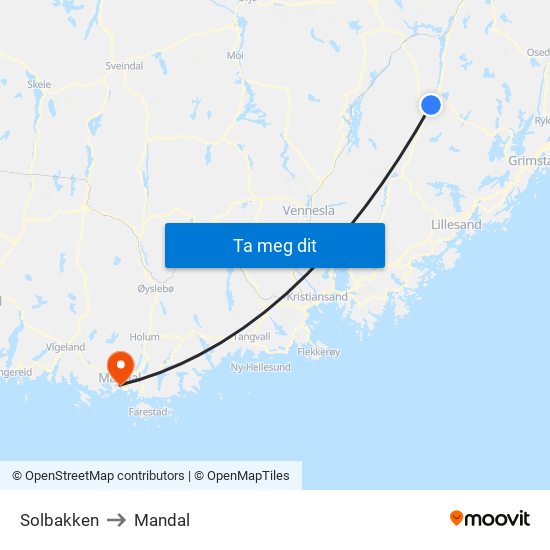 Solbakken to Mandal map