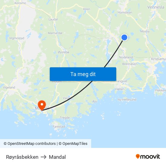 Røyråsbekken to Mandal map