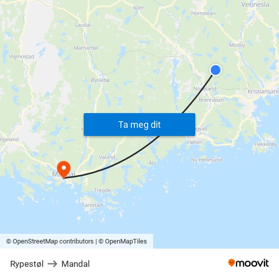 Rypestøl to Mandal map