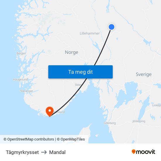 Tågmyrkrysset to Mandal map