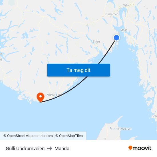 Gulli Undrumveien to Mandal map