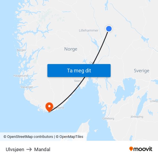 Ulvsjøen to Mandal map