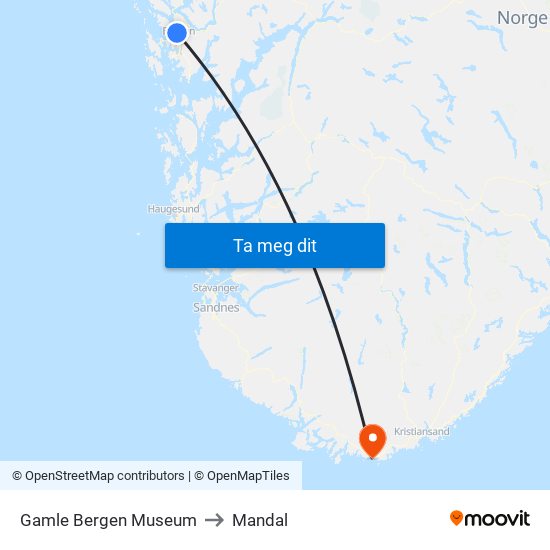 Gamle Bergen Museum to Mandal map