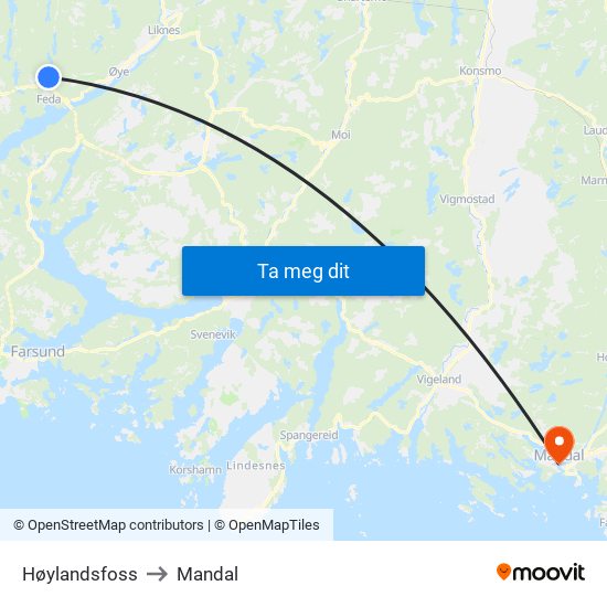 Høylandsfoss to Mandal map