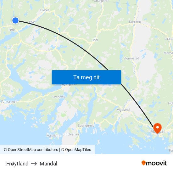 Frøytland to Mandal map