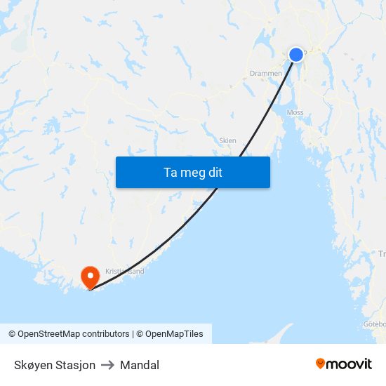Skøyen Stasjon to Mandal map