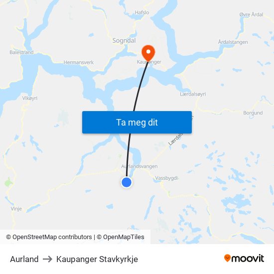 Aurland to Kaupanger Stavkyrkje map