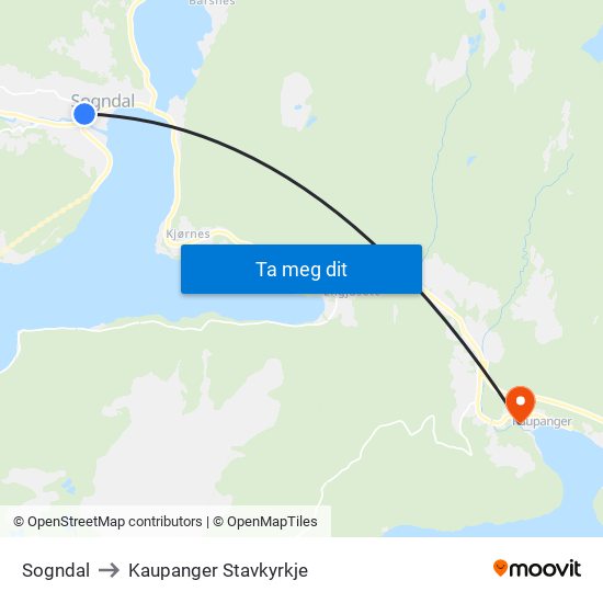 Sogndal to Kaupanger Stavkyrkje map