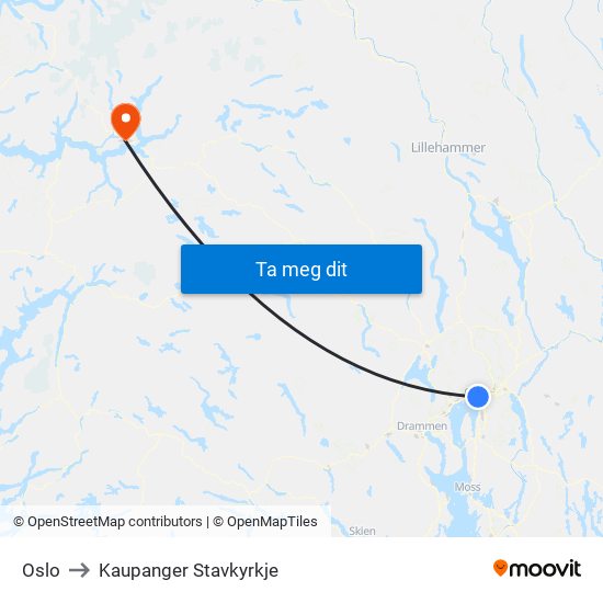 Oslo to Kaupanger Stavkyrkje map