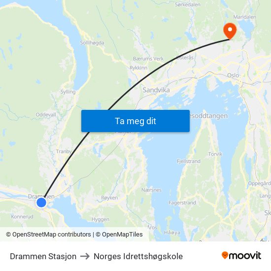 Drammen Stasjon to Norges Idrettshøgskole map