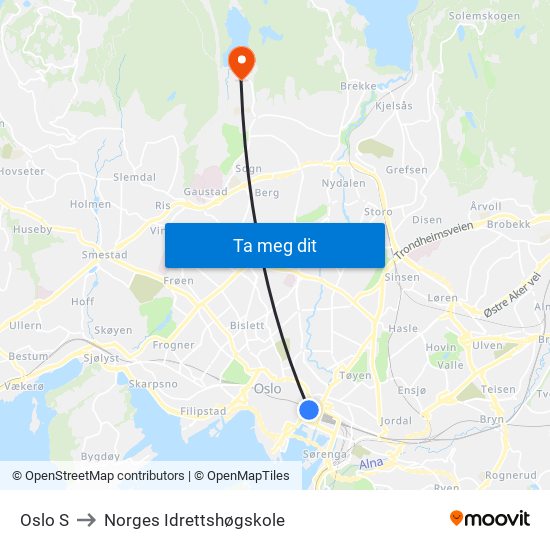Oslo S to Norges Idrettshøgskole map