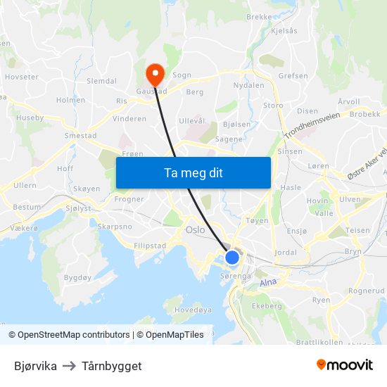 Bjørvika to Tårnbygget map