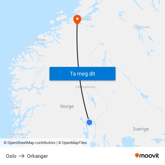 Oslo to Orkanger map