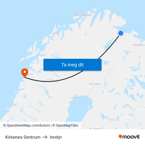 Kirkenes Sentrum to Inndyr map