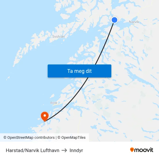Harstad/Narvik Lufthavn to Inndyr map