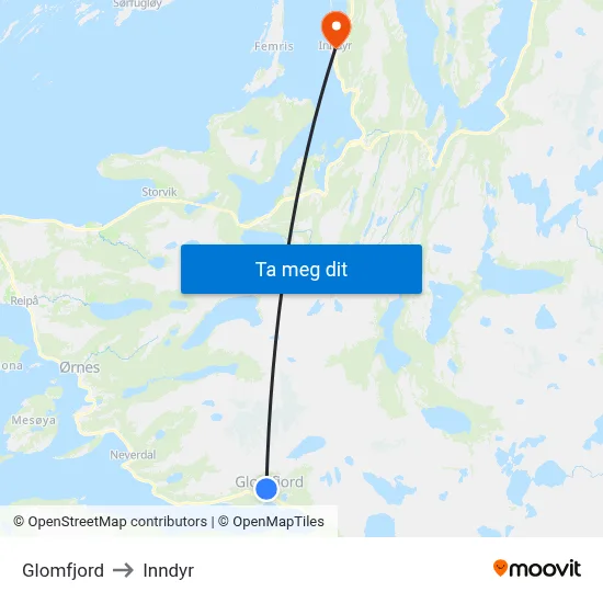 Glomfjord to Inndyr map
