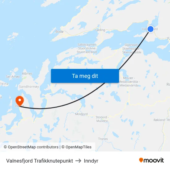 Valnesfjord Trafikknutepunkt to Inndyr map
