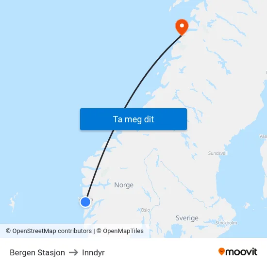 Bergen Stasjon to Inndyr map