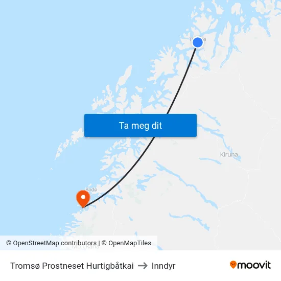 Tromsø Prostneset Hurtigbåtkai to Inndyr map