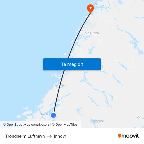 Trondheim Lufthavn to Inndyr map