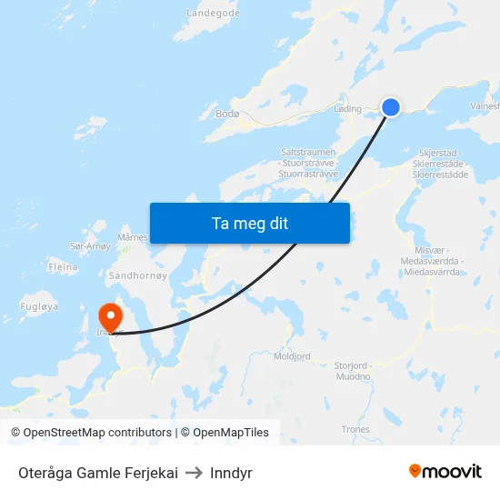 Oteråga Gamle Ferjekai to Inndyr map
