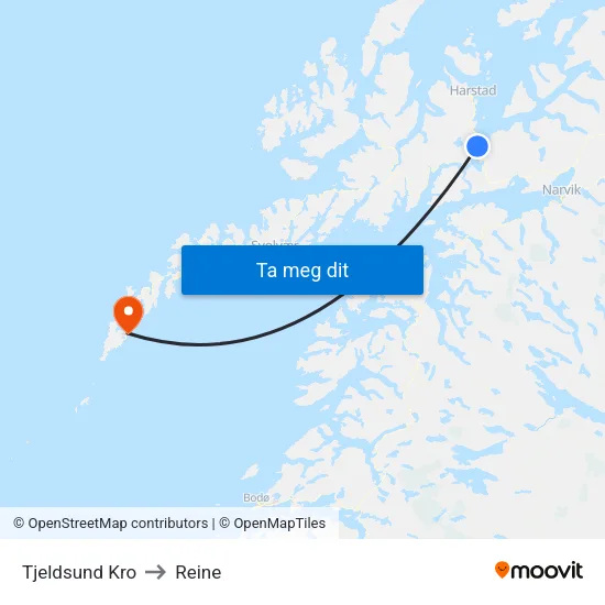 Tjeldsund Kro to Reine map