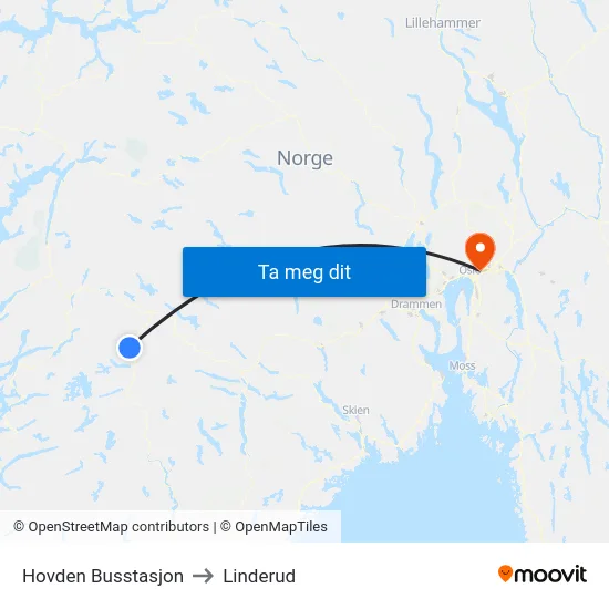 Hovden Busstasjon to Linderud map