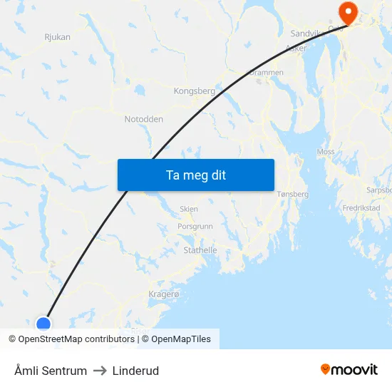 Åmli Sentrum to Linderud map
